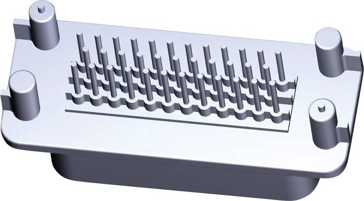 A silver, rectangular connector with long, narrow pins, mounted on a flat base with four mounting points.