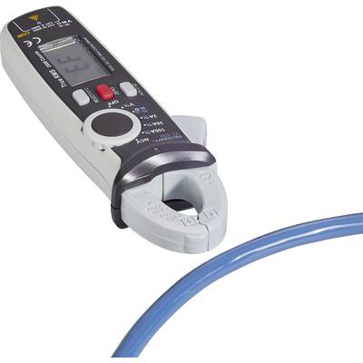 Digital clamp meter measuring the current of a blue cable, display showing measurement values, device in a grey plastic housing.