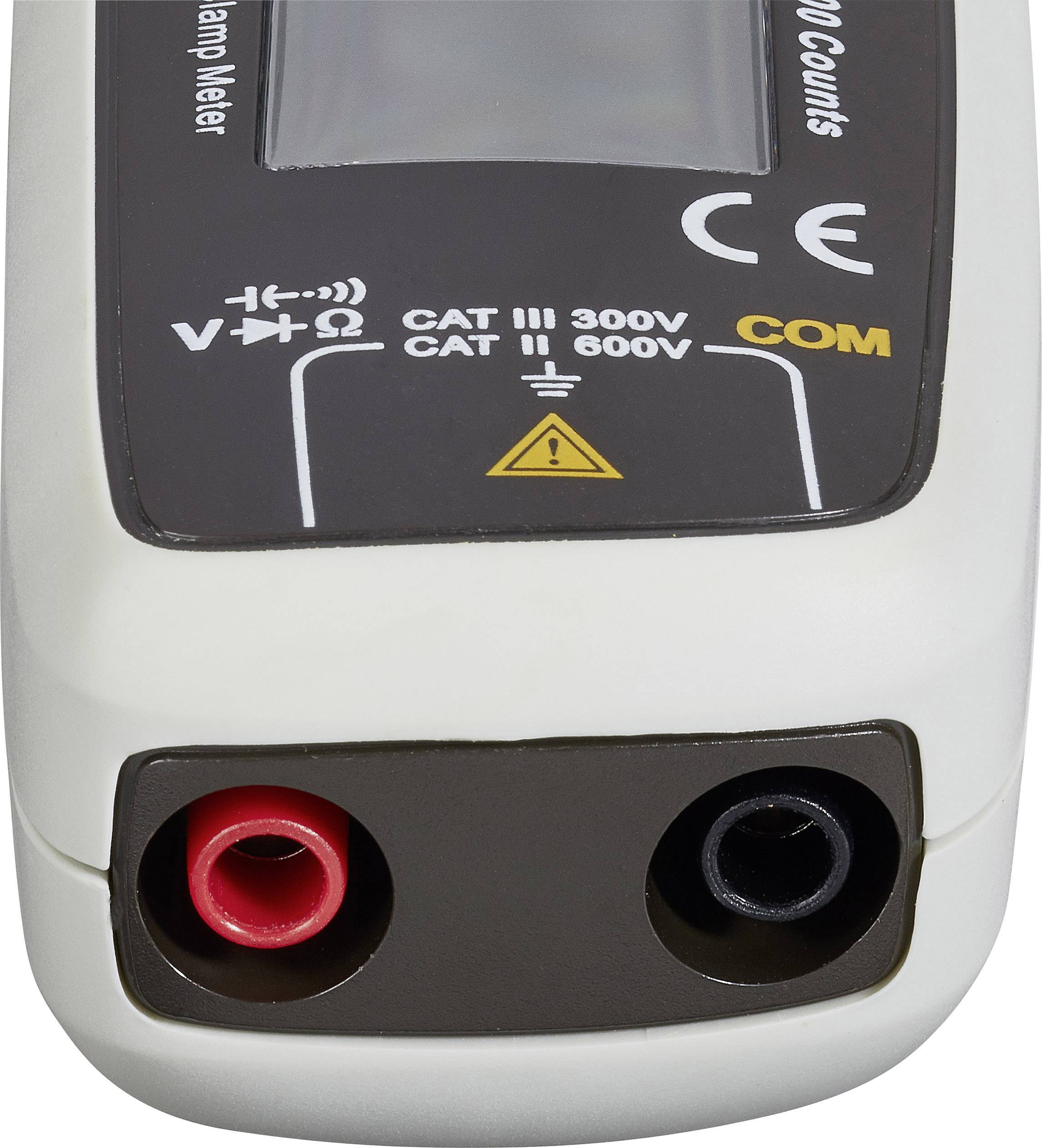 Multimeter with two terminals for measurement cables, CE mark, warning symbol and indication of measurement category (CAT III 300V, CAT II 600V).