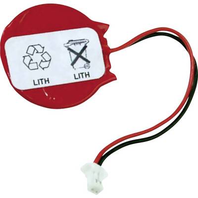 Red battery with two symbols: Recycling symbol on the left and crossed-out waste bin on the right. Connected with black and red cables.