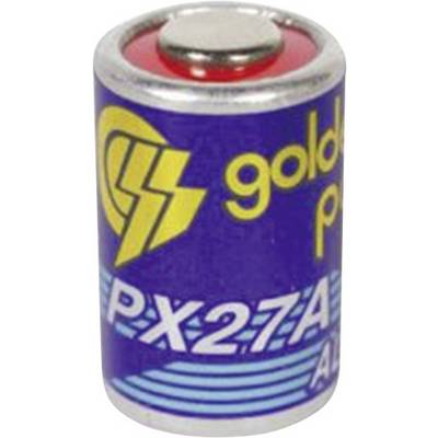 A blue button cell battery by the brand 'Golden Power', model PX27A, with a yellow logo and white lettering.