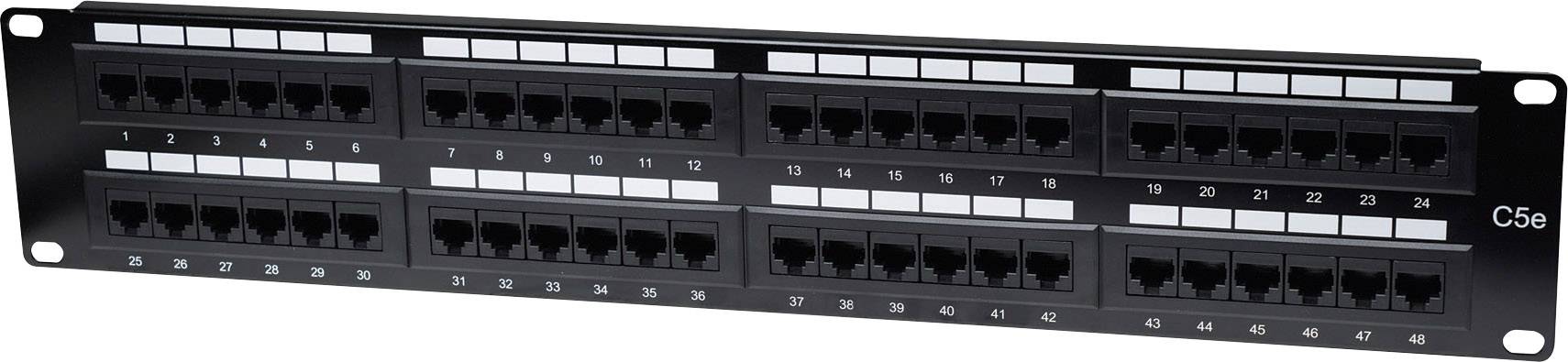 Black network patch panel with four rows, each with 12 RJ45 ports. Numbered from 1 to 48. 'C5e' label bottom right.