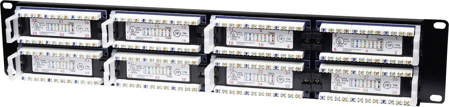 A black rack panel with two rows of eight small distributors or fuses, numbered, with multiple coloured connections.