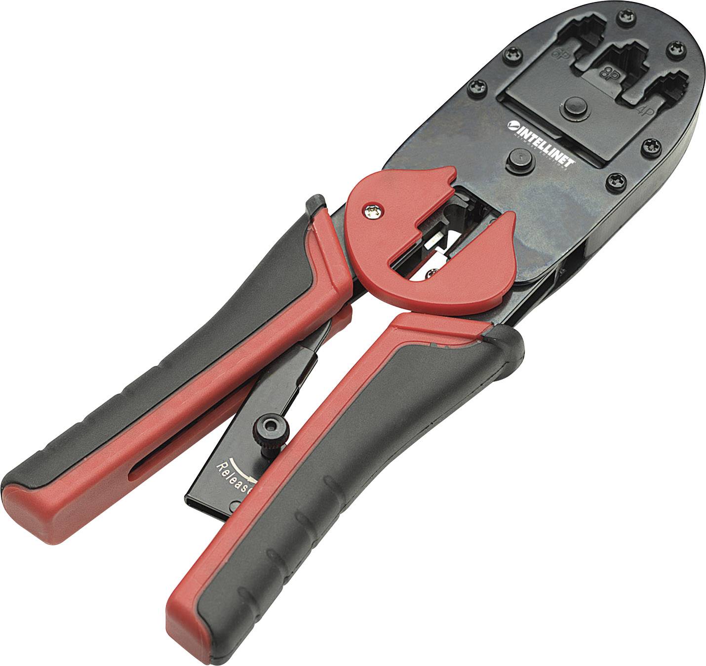 A black and red crimping pliers for connecting cables.