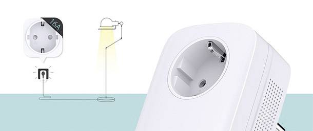 A modern, white intelligent socket. Beside it, symbols indicating remote control and lamp control functionality.