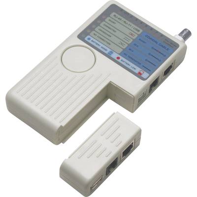 A digital cable testing device with a detachable unit. It displays test information such as cable type and connection status on a display.
