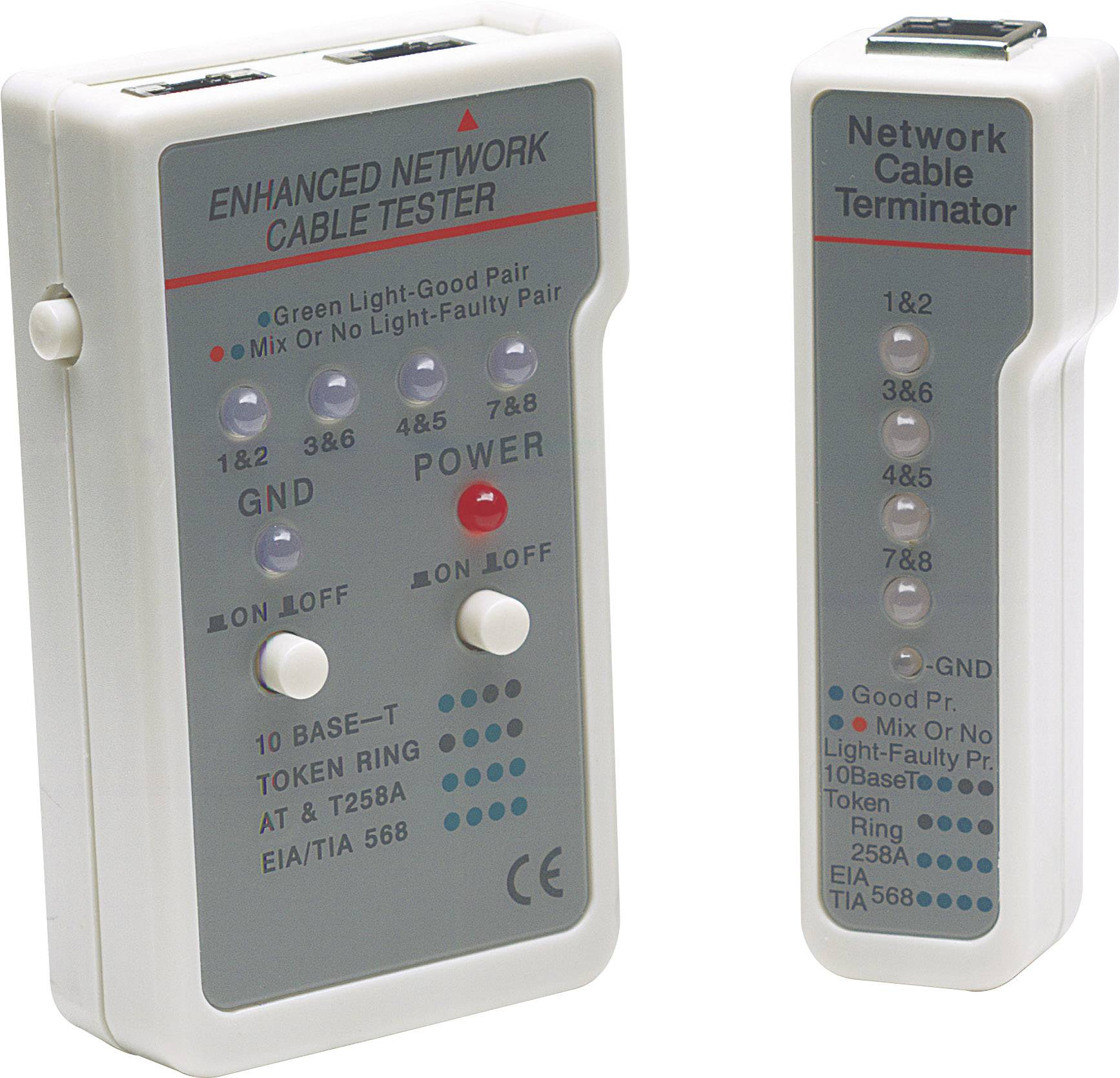 Two network cable testers: the one on the left shows a green light, the one on the right marks cables. Both have switches with 'ON' and 'OFF'.