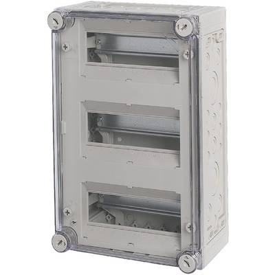 Electrical distribution board with a transparent cover, three empty rows for switching elements.