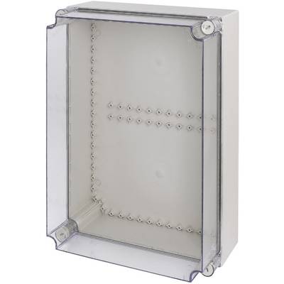 A rectangular, transparent plastic box with two metal locks at the corners. The box is empty and has a transparent front panel.