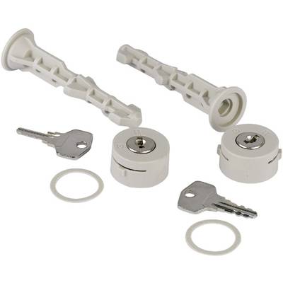 Two white furniture locks, each with two matching keys and mounting components, displayed on a white background.