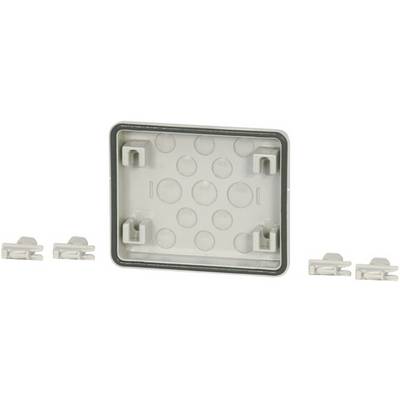 Rectangular cover with four mounting clips, used for electrical devices or connections.