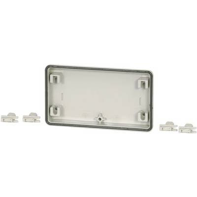 White plastic enclosure with a removable cover and four mounting clips beside it. Suitable for electronic or cable connections.