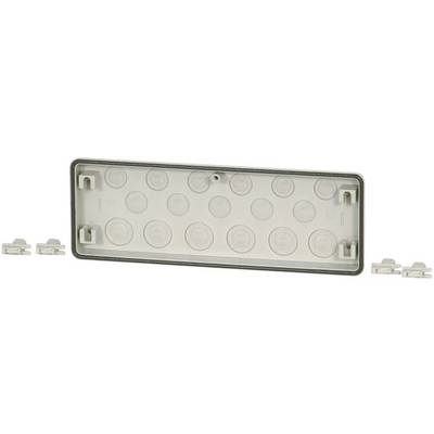 Rectangular number plate holder made of plastic with multiple mounting points. Includes additional mounting components on the side.