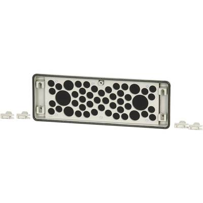 Rectangular ventilation cover with circular openings in various sizes. Beige frame, black cover.