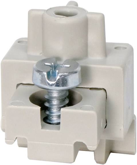 A grey electrical connector with a metal screw in the centre, used for mounting purposes.
