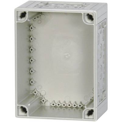 Grey, rectangular plastic enclosure with open sides and mounting holes, used for electrical installation in buildings.