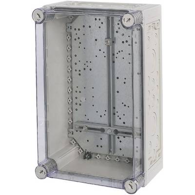 Empty plastic housing with transparent lid, metal base plate, for the installation of electrical components.