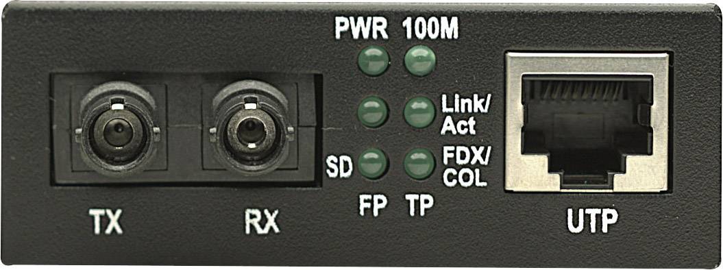 Network media converter with connections: two SC slots for fibre optic cables (TX, RX), one RJ45 socket for UTP cable. LEDs indicate status.