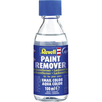 A bottle of Revell 'Paint Remover'. Contents: 100 ml. For removing enamel paint and Aqua Colour. Slightly bluish liquid.