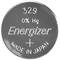 Round silver battery with inscription '329 0% Hg Energizer + MADE IN JAPAN'.