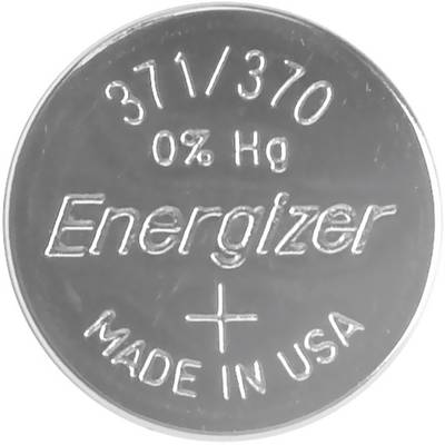 Button cell with inscription '371/370 0% Hg Energizer Made in USA', silver-coloured, mercury-free.