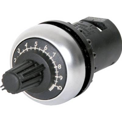 A black, round rotary knob with a silver edge, numbered from 1 to 10. It is frequently used for controlling machines.