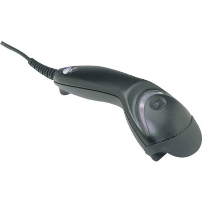 Black cable barcode scanner with ergonomic handle on white background.