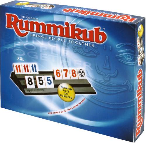 Rummikub template with game tiles in two rows: 8, 5, 5 and 1, 1, 1, 1, 6, 7, 8. Packaging text: 'Brings people together'.