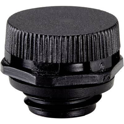 Black plastic closure with a ridged surface, cylindrical in shape, commonly used for sealing containers.