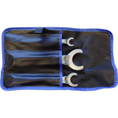 Three spanners in different sizes in a blue tool bag with black compartments.