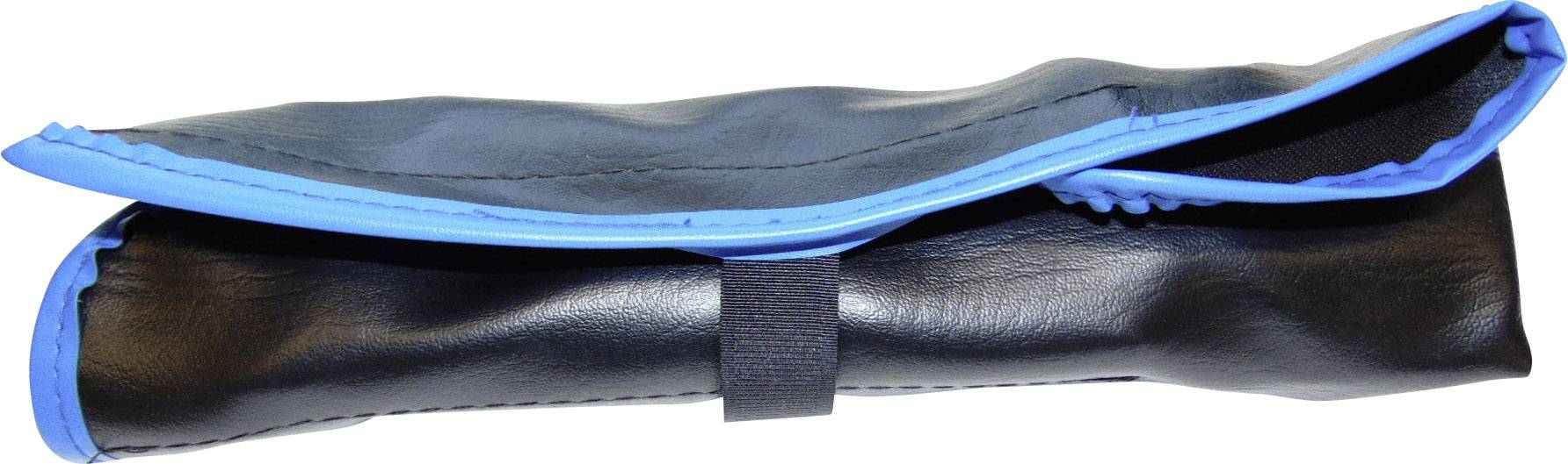 A rolled-up black leather case with a blue outer edge.
