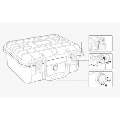Transport case with snap locks and rotary lock. Three enlarged views: Locking mechanisms and release adjustment.