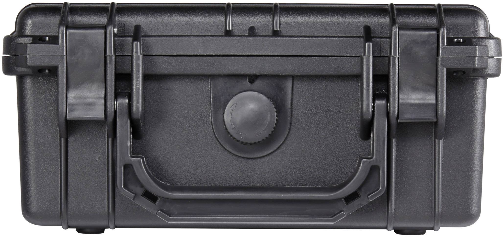 Black, robust plastic case with handle and snap locks, suitable for securely transporting sensitive equipment.