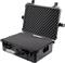 Black, robust protective case with open lid and foam lining, ideal for transporting delicate equipment.