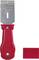 Red glass scraper with removable blade attachment, suitable for removing stickers or paint residue from smooth surfaces.