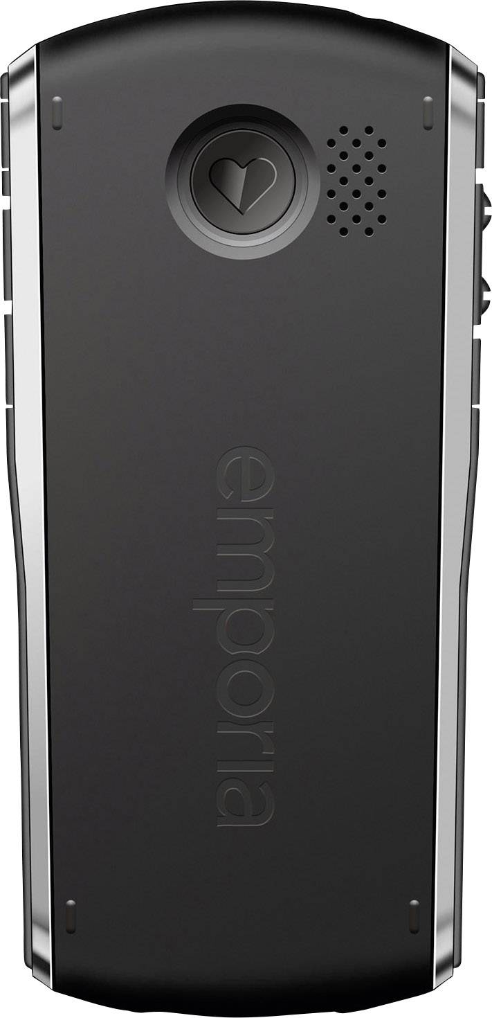 Black flip mobile phone by Emporia with heart symbol, speaker opening and side buttons, rear view.
