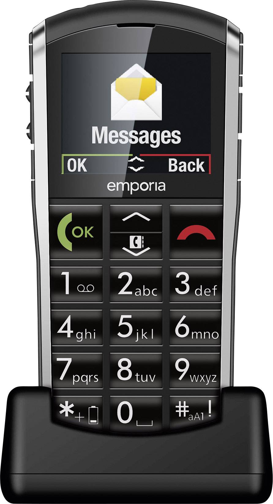 A mobile phone with large keys displays 'Messages'. The buttons are large and clearly labelled for easy operation.