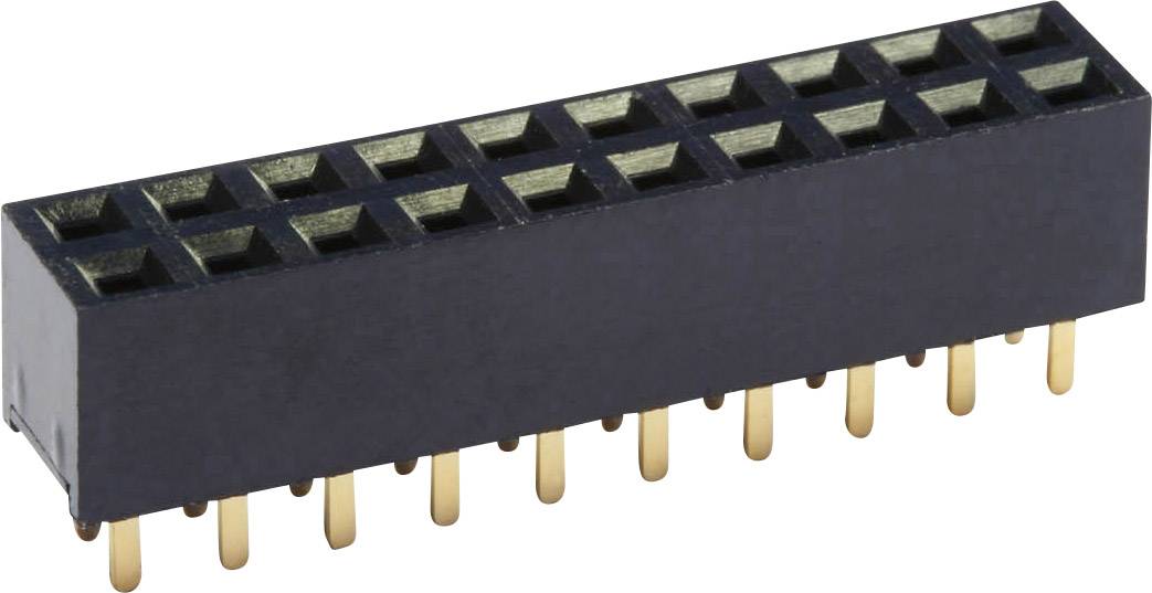 A black, elongated connector with multiple golden pins, typical of electronic circuit board connections.