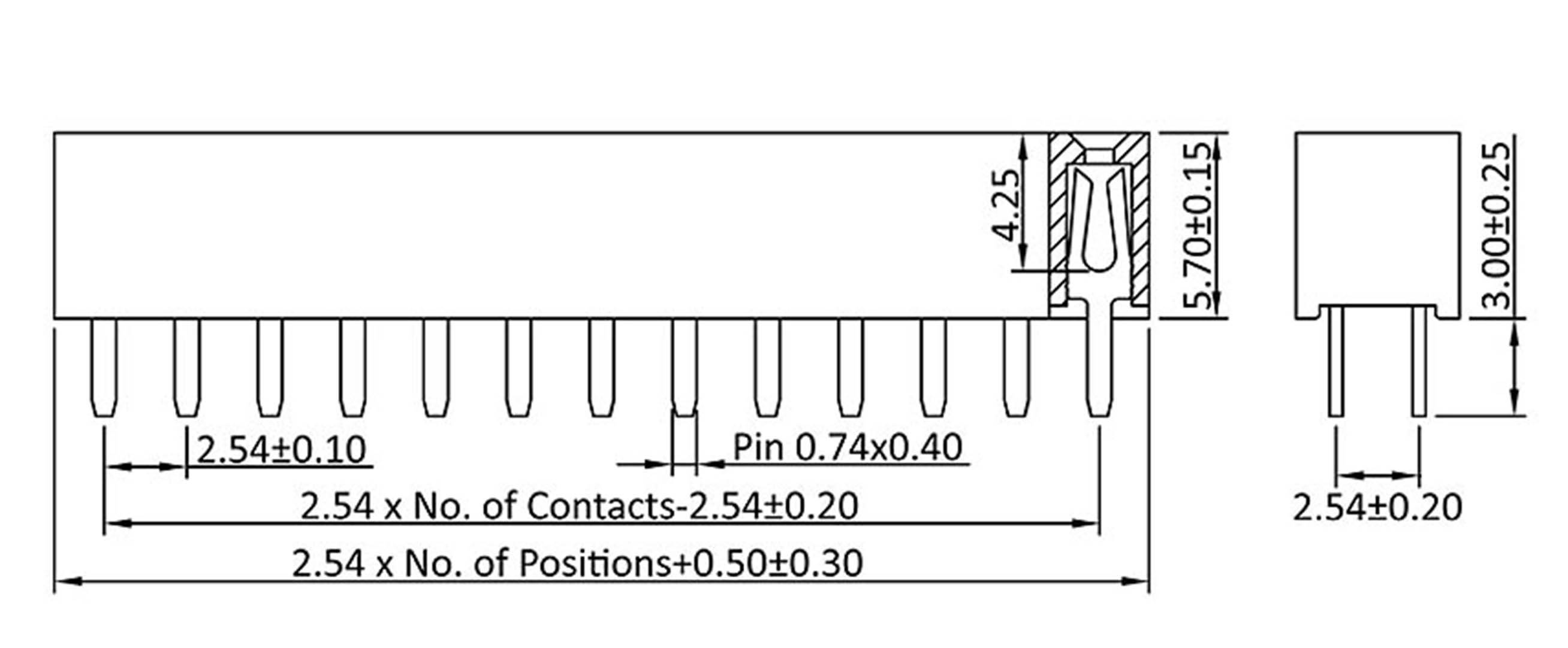 Technical drawing of an electronic component, showing the dimensions of a pin header with details of contact spacing and positions.