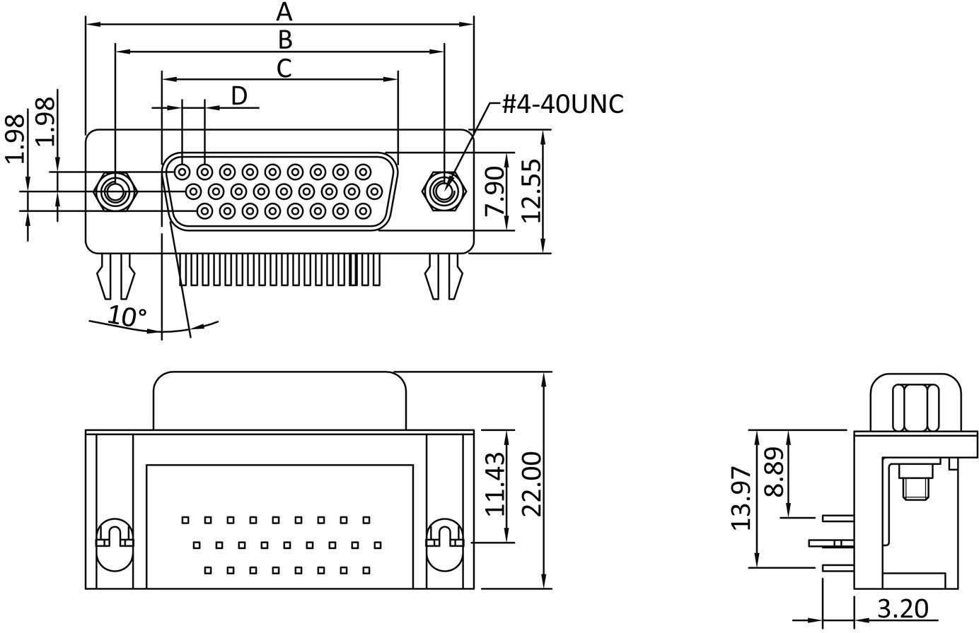 Technical drawing of a connector with dimensions. Main view shows 15 pins. Dimensions in inches. Side view shows PCB mounting.