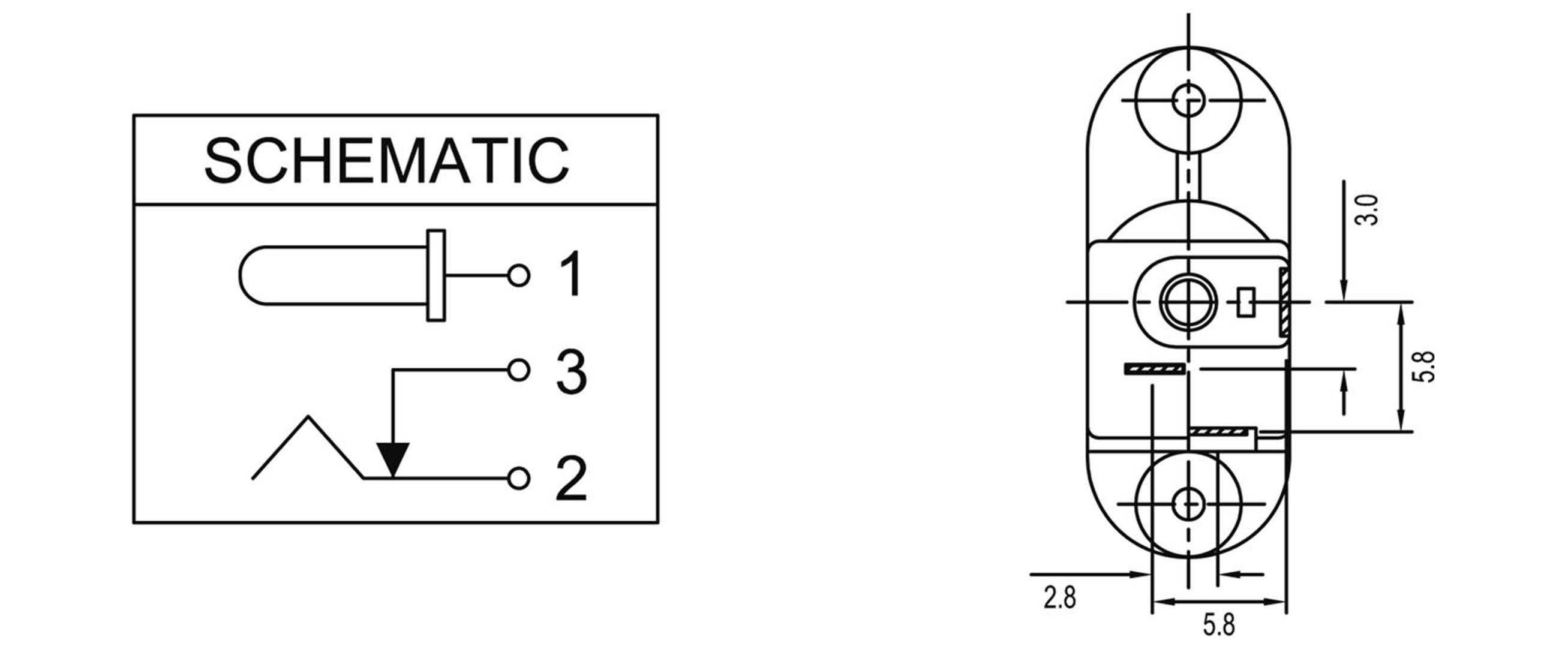 'Schematic' shows circuit symbols: 1 - Switch, 2 - Earth/Ground, 3 - Connection. On the right, a technical component with dimensions 5.8 x 2.8.