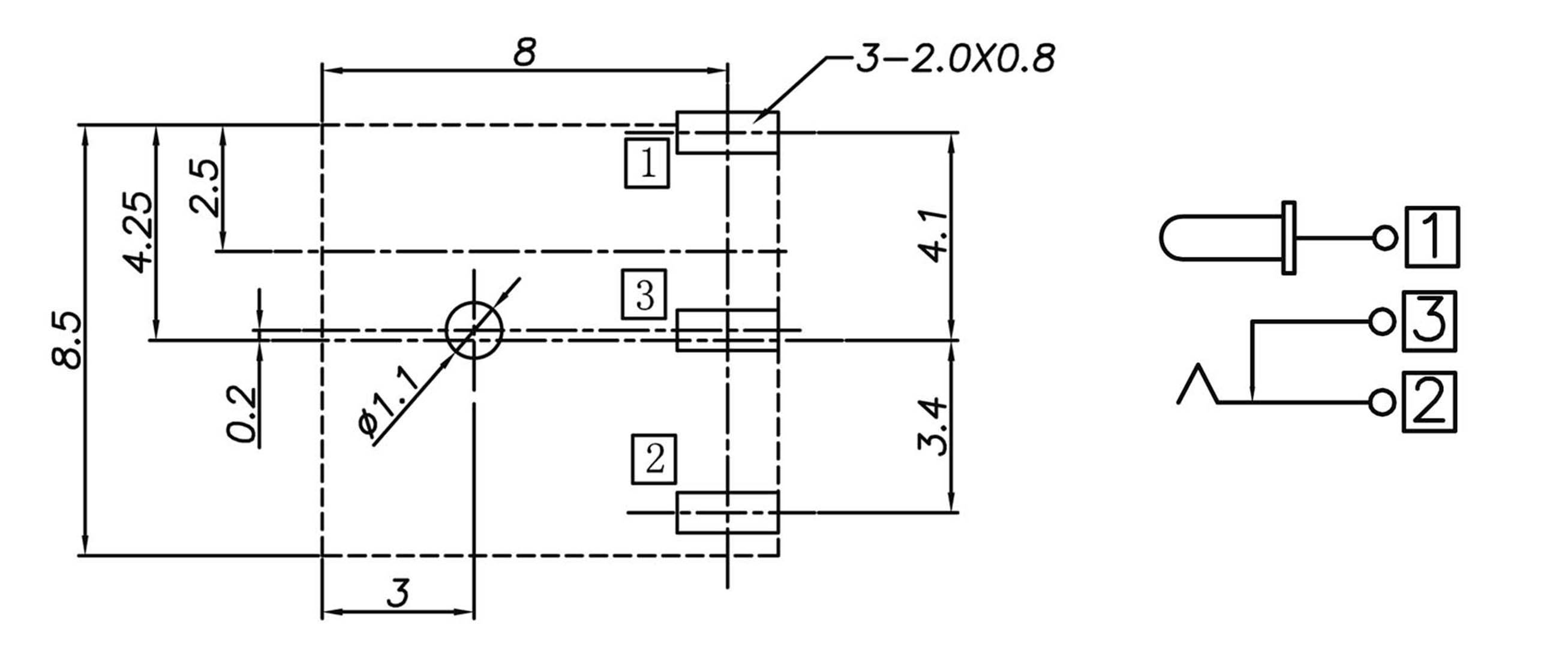 Technical drawing of a rectangular component with three holes and dimensional specifications in millimetres. Two circuit symbols on the right.