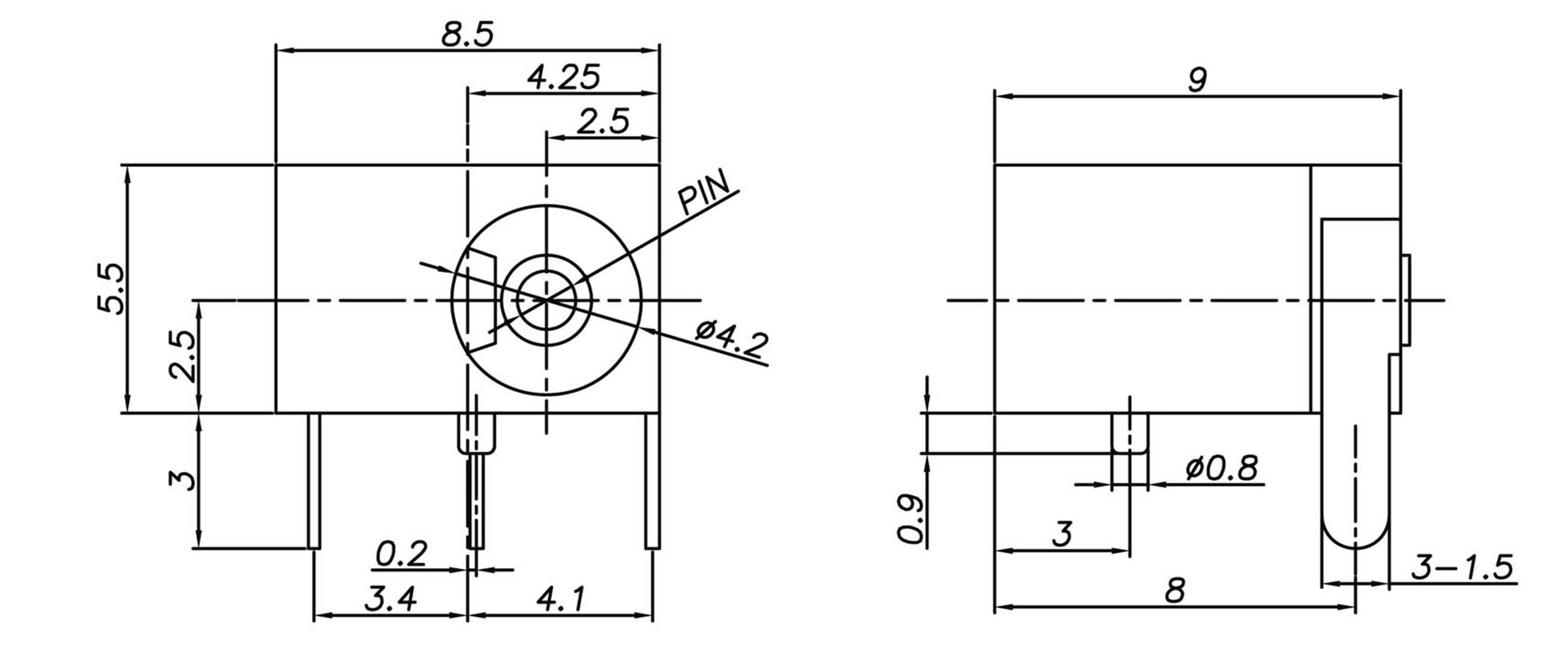 Technical drawing of an electronic component with dimensional specifications, top view and side view, details of pin configuration.
