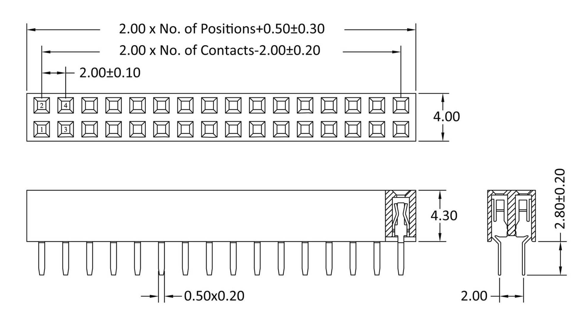 Technical drawing of a connector with 20 positions and corresponding dimensions and spacings. Shows front view, top view, and side view.