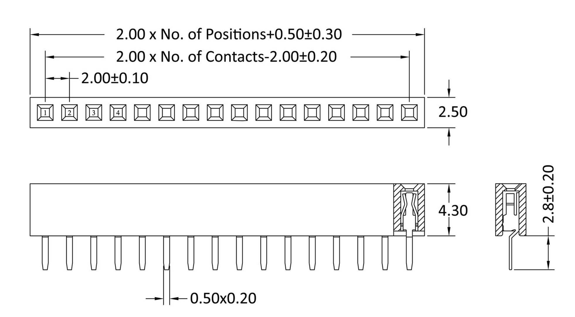 Technical drawing of a connector with dimensions: 2.00 x positions, contacts, overall width 2.50 mm, height 4.30 mm, pin length 0.50 mm.