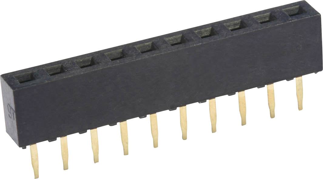 Rectangular black connector with ten gold-plated pins, suitable for electronic connections on printed circuit boards.