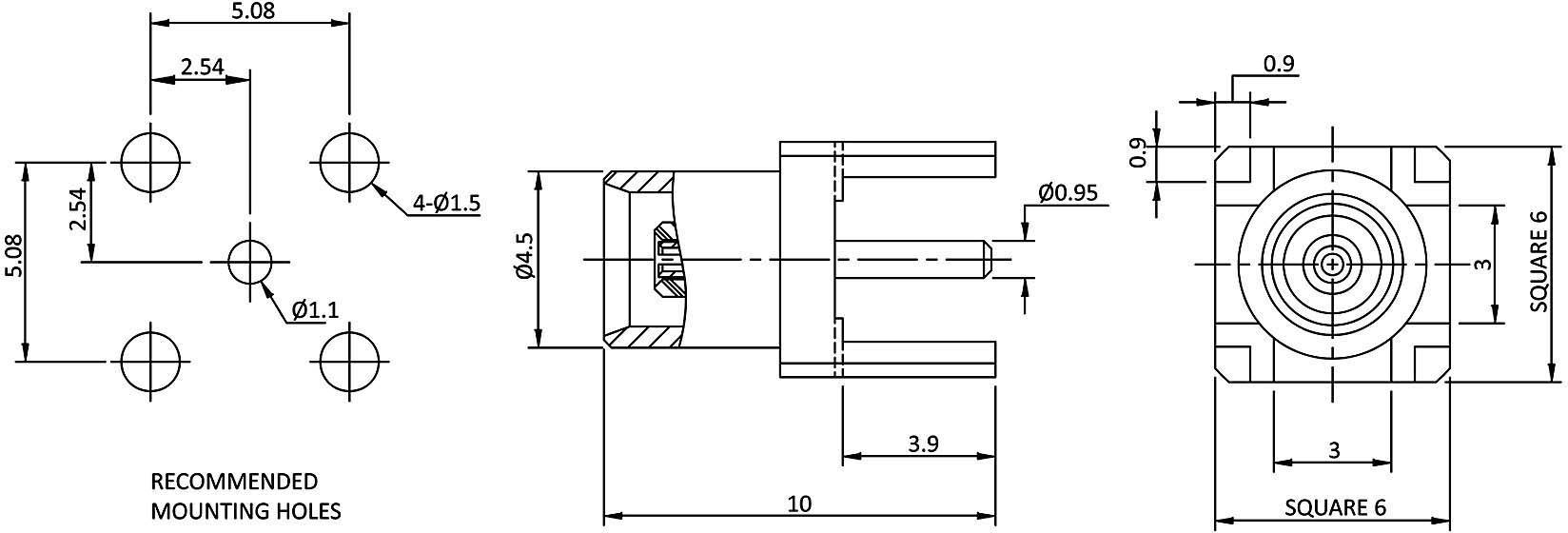 Technical drawing of a mechanical component with dimensions; front and side views show hole positions and measurement units in millimetres.