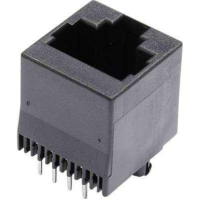 'Black RJ11 socket plug, rectangular shape with six pin connections at the bottom, suitable for use in telephone wiring.'