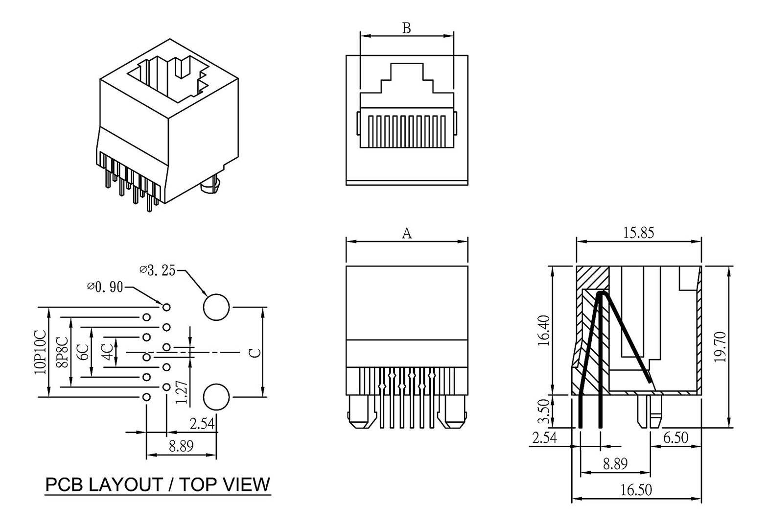 'Diagram of a PCB top view of an RJ45 socket with dimensions. Shows top view, side view and cross-section drawings.'