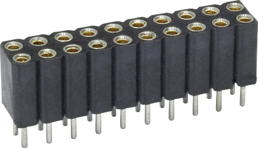 Black connector with 14 pins, typically used for electronic applications and printed circuit board connections.